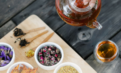 A serene scene of tea leaves, botanicals, and a warm tea mug on a light background — evoking calm, ritual, and gentle moments.