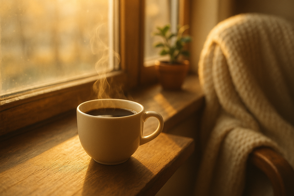 Cup of coffee on a windowsill, early morning light filtering in, maybe a knitted blanket or plant.Soft depth of field so the cup is sharp, background gently blurred.