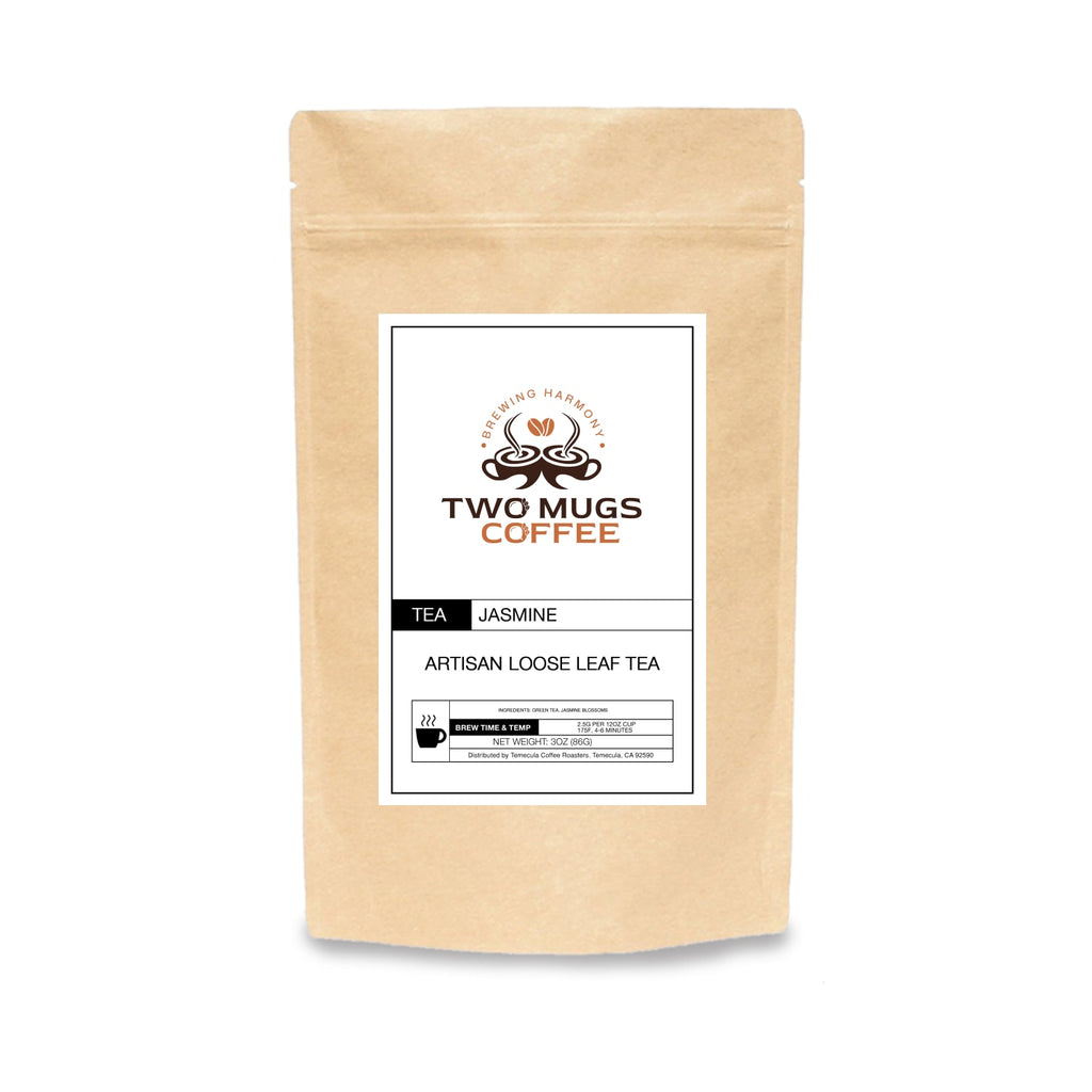 Two Mugs Coffee packaging with a white label on a beige background for loose leaf tea