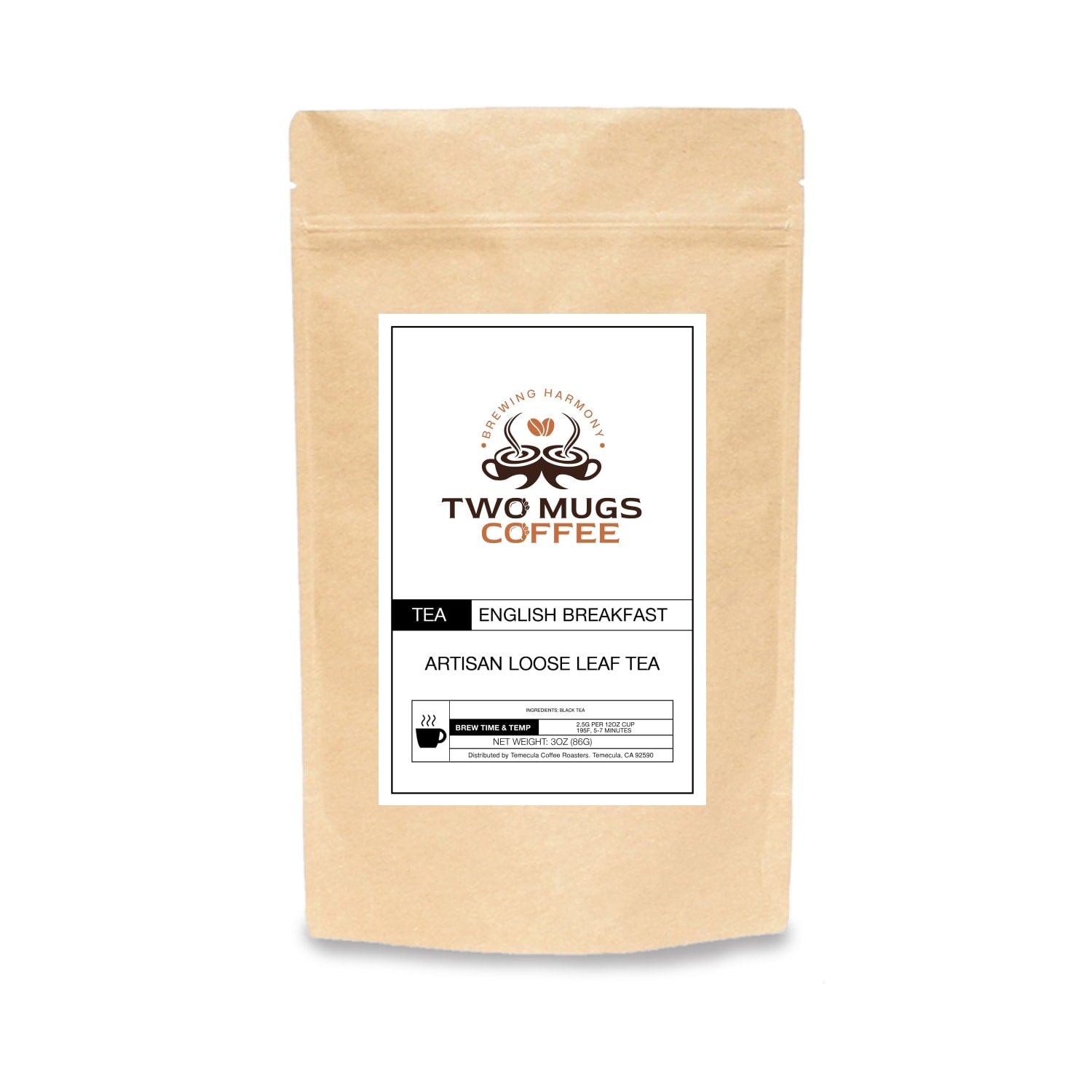 Two Mugs Coffee packaging with a white label on a beige background for loose leaf tea