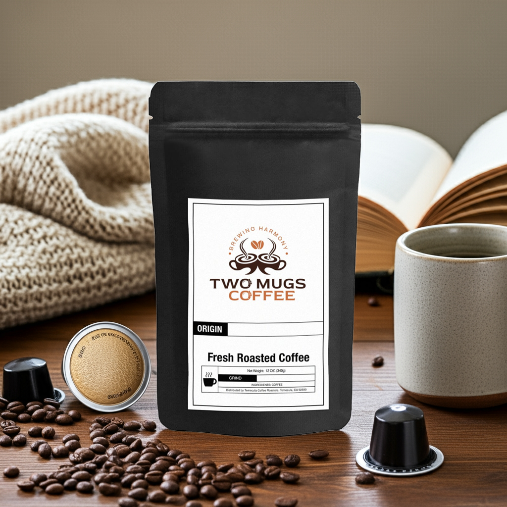 Two Mugs Coffee 60 Pack Single Serve Capsules – Fresh Roasted Coffee bag with scattered pods on marble surface.