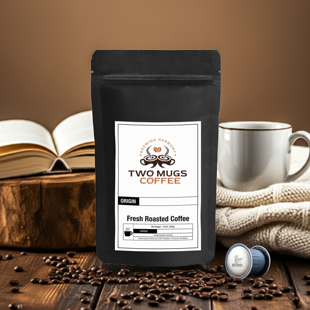 Two Mugs Coffee 60 Pack Single Serve Capsules – Fresh Roasted Coffee bag with French press and steaming mug on warm orange background.