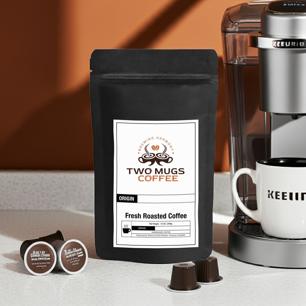 Two Mugs Coffee 60 Pack Single Serve Capsules – Fresh Roasted Coffee bag next to Keurig machine with pods and branded mug.